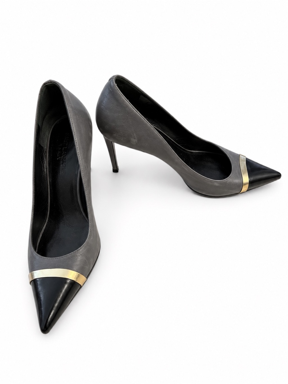 Saint Laurent YSL Gray Black Leather Cap Toe Pumps Gold Trim EU 38 US 7.5 - Picture 7 of 7